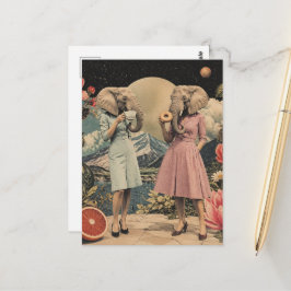Cartão Postal par de senhoras elefantes colagem surreal de café 