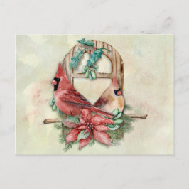 Cartão Postal Par dos Cardinais de inverno com Poinsettia