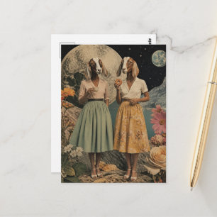 Cartão Postal Par surrelista de senhoras cabras colagem de café