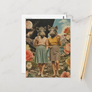 Cartão Postal Par surrelista de senhoras porcas colagem de café