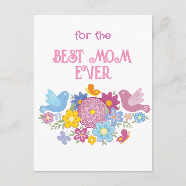 Cartão Postal Para a Melhor Mãe do Mundo flores e borboleta, pás (Frente)