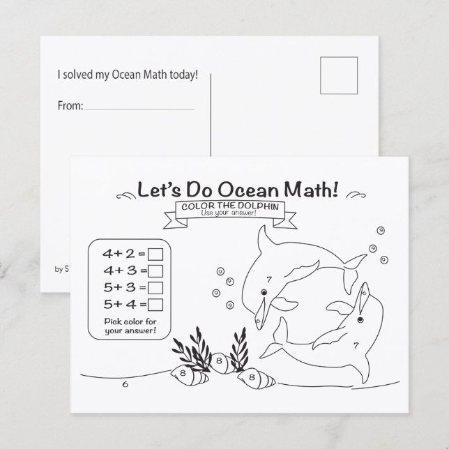 Cartão Postal para Colorir Matemática do Golfinho  (Frente/Verso)