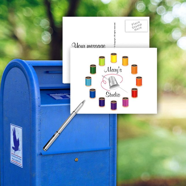 Cartão postal para Costura, Agulha e Linhas (Postcard for Sewing, Needle and Threads. Tell your friends about your latest project. )