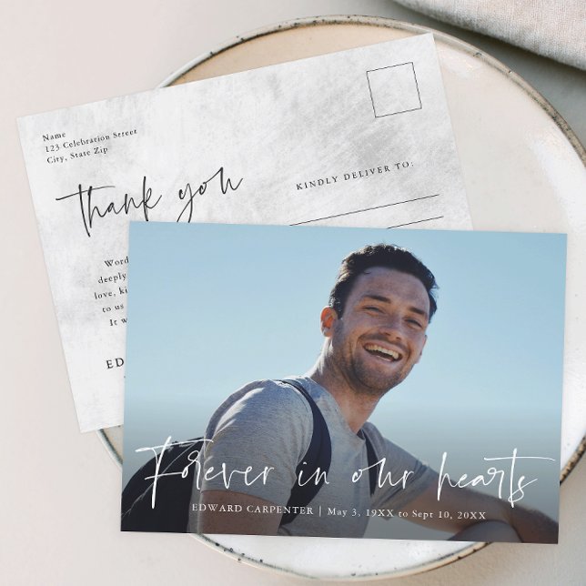 Cartão Postal Para sempre no nosso Memorial Funeral Obrigado (Modern script simple photo memorial thank you card.)