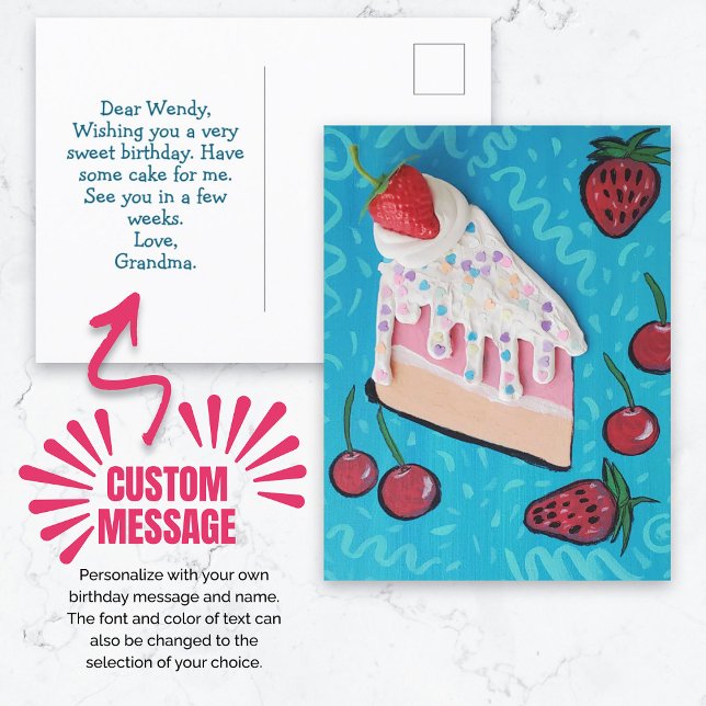 Cartão Postal Parabéns, Bolo com Morangos Festivos (Happy Birthday Cake with Festive Strawberries Postcard)