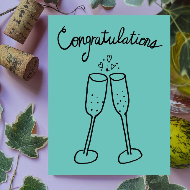 Cartão Postal Parabéns Champanhe Brindes Rabisco (Congratulations Champagne Cheers Sketch Doodle Custom Wedding Engagement Cute Postcard
)