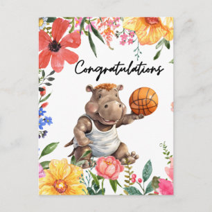 Cartão Postal Parabéns de basquete com Hippo