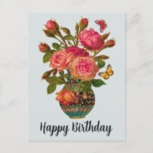 Cartão Postal Parabéns Elegantes Rosas Vitorianas no Vaso