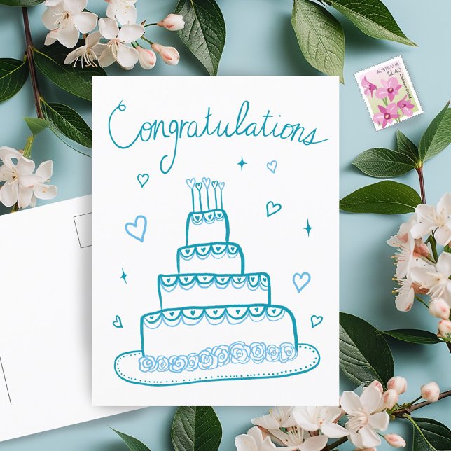 Cartão Postal Parabéns Esboço de Desenho de Noivado Casamento  (Congratulations Wedding Engagement Sketch Doodle Postcard Cake Whimsical)