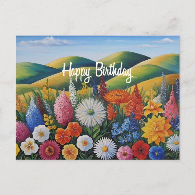 Cartão Postal Parabéns Flores de Verão nas Colinas  (Frente)