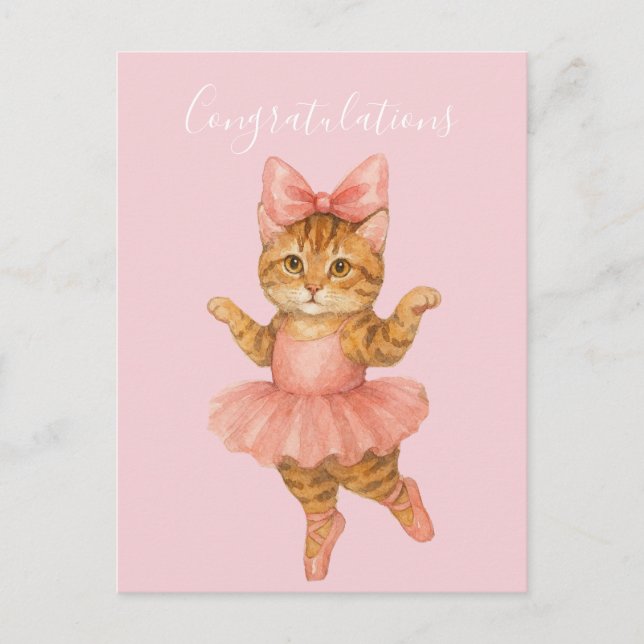 Cartão Postal Parabéns Gata Bailarina Rosa (Frente)