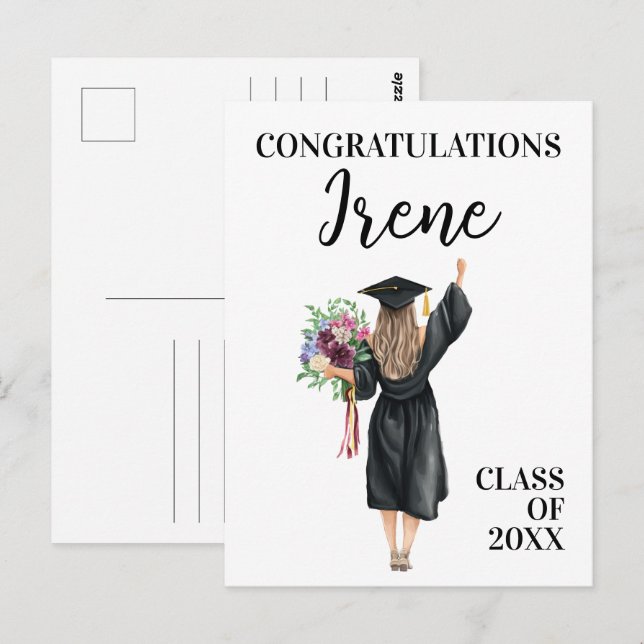 Cartão Postal Parabéns Graduada Aquarela Menina Flores (Frente/Verso)
