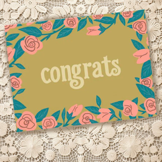 Cartão Postal PARABÉNS Moldura de Rosas Rosa Floral Personalizad (Sweet custom congratulations postcard with a floral frame)