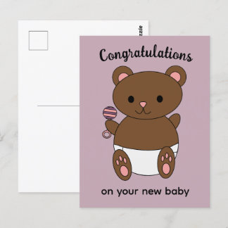 Cartão Postal Parabéns Nova Bebê Menina Urso Rosa