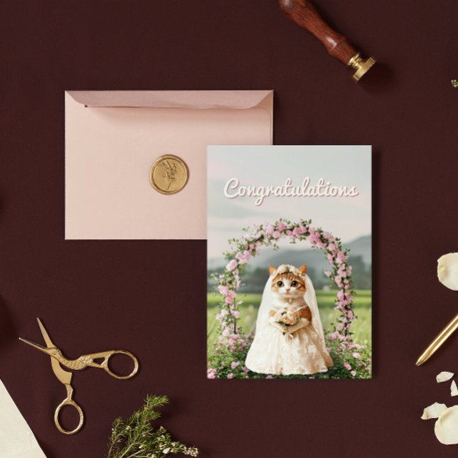 Cartão Postal Parabéns pelo Casamento de Gato Fofo Floral (Criador carregado)