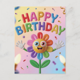 Cartão Postal Parabéns Saudação Feliz 3D Colorida com Flor