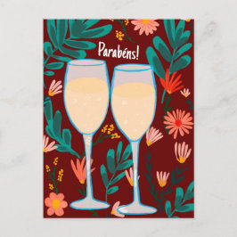 Cartão Postal Parabéns Vinho Espumante Champanhe Floral Congrats