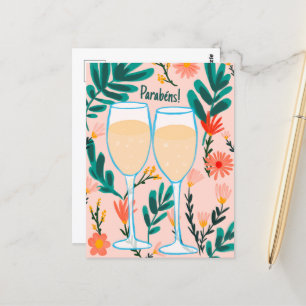 Cartão Postal Parabéns Vinho Espumante Champanhe Floral Congrats