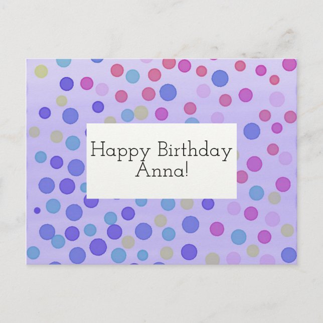 Cartão Postal Paradeiro feliz personalizável confetti roxo (Frente)