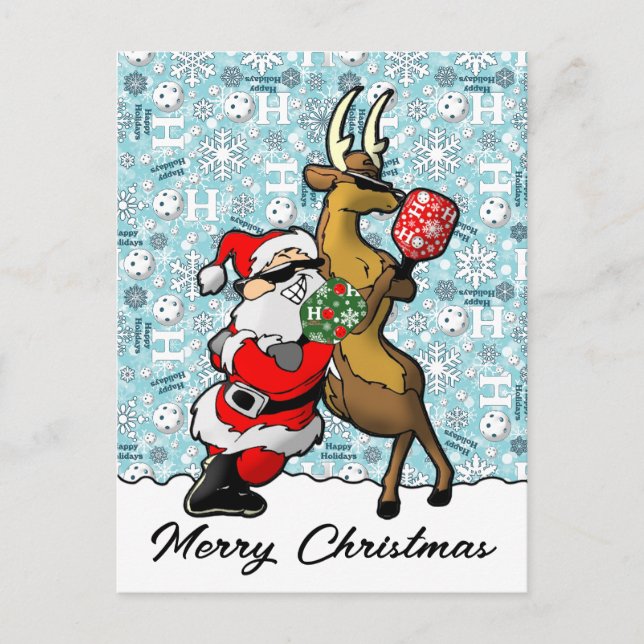 Cartão Postal Parceiros Pickleball Papais noeis e Reindeer Sleig (Frente)