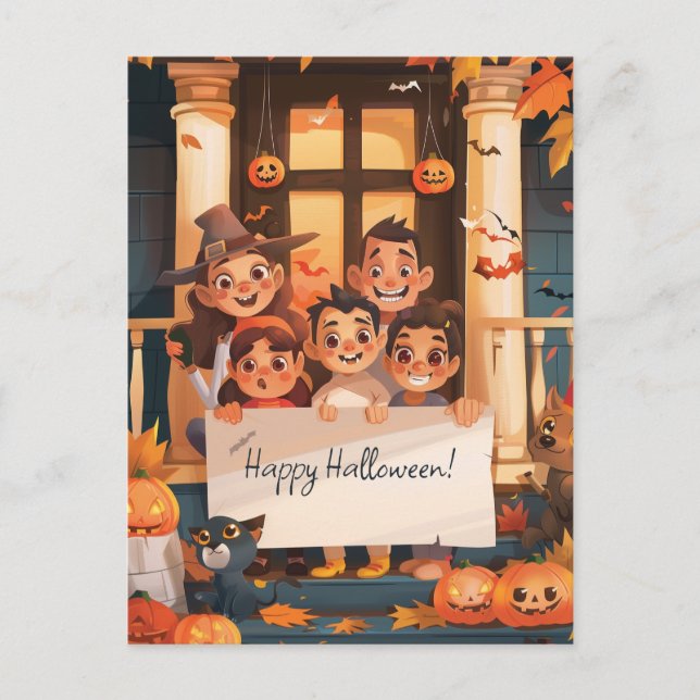 Cartão Postal Parentes de Halloween com três filhos (Frente)
