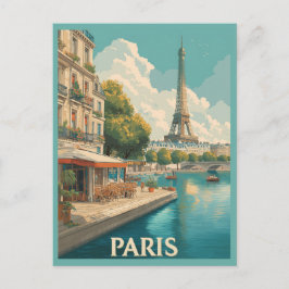 Cartão Postal Paris Antigo: Torre Eiffel e Café à Beira do Sena