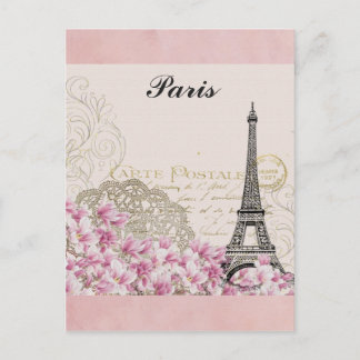 Cartão Postal Paris Eiffel Tower France Vintage Flores Rosa