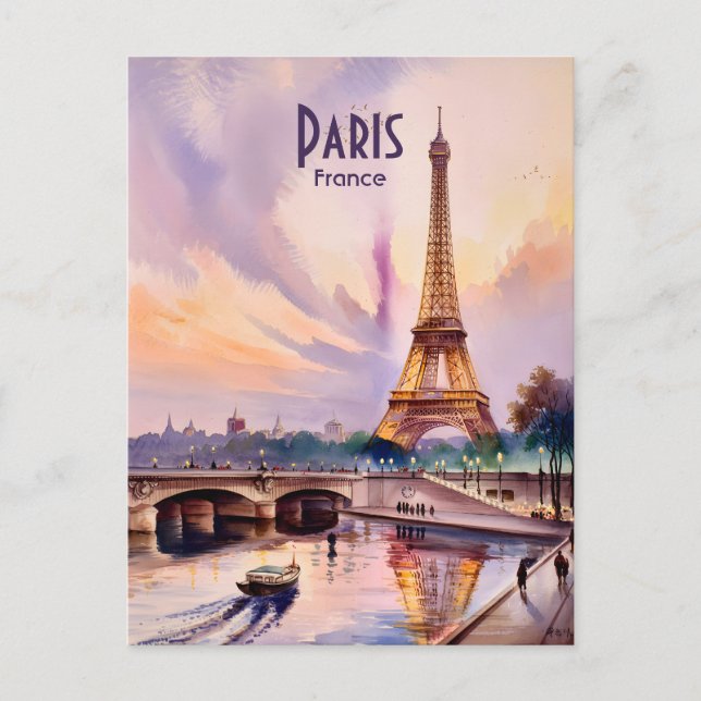 Cartão Postal Paris Eiffel Tower Travel Watercolor Custom Text (Frente)