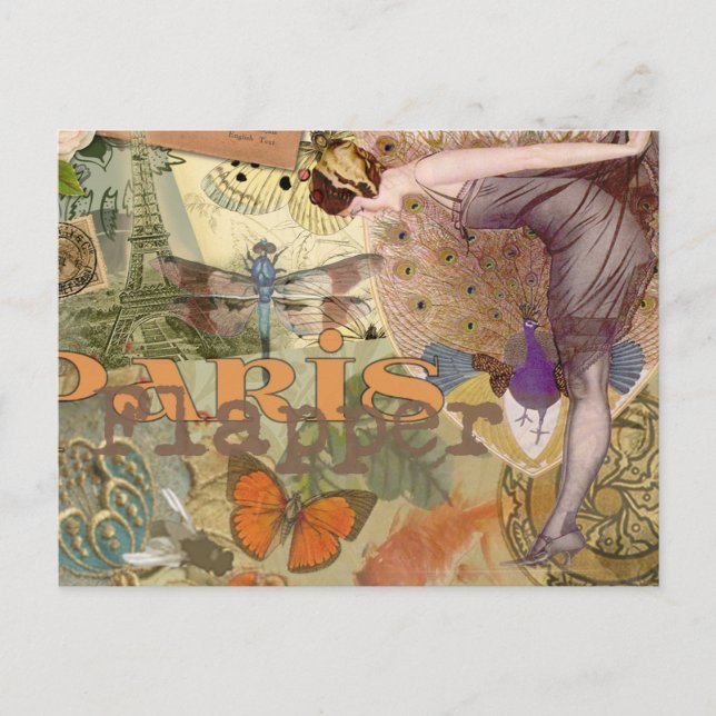 Cartão Postal Paris Flapper Art Deco Peacock Vintage (Frente)