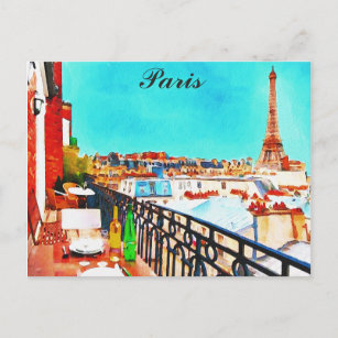 Cartão Postal Paris França Eiffel Tower Watercolor