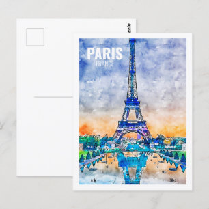 Cartão Postal Paris França Familiar Viagem Place Watercolor Sket