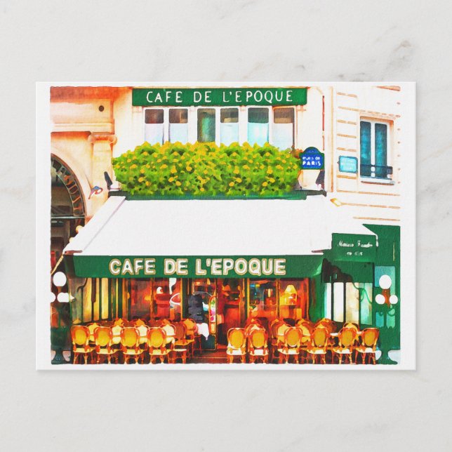 Cartão Postal Paris France Cafe Watercolor (Frente)