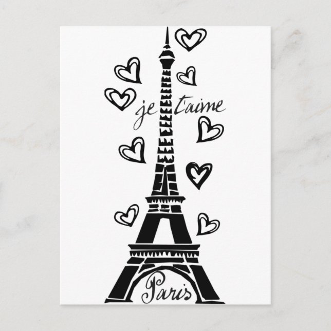 CARTÃO POSTAL PARIS JE T'AIME EIFFEL TORER E CORAÇÃO IMPRESSÃO (Frente)