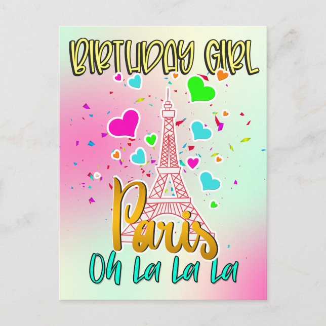 Cartão Postal Paris Oh Lala Birthday Rapariga Eiffel Torre Combi (Frente)