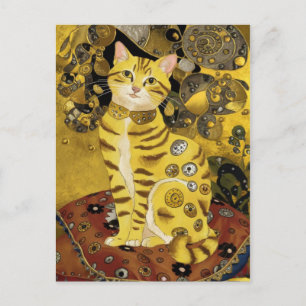 Cartão Postal Paródia de gato fofo dourado de Gustav Klimt, arte