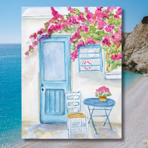 Cartão Postal Paros Grécia Porta Azul e Bougainvillea Aquarela
