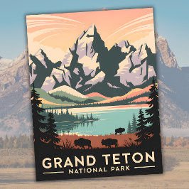 Cartão Postal Parque Nacional Pastel Retro Grand Teton com Bison