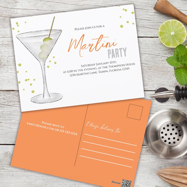 Cartão Postal Partido Cocktail Retro Typografia Martini (Criador carregado)
