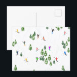 Cartão Postal Partido Freeride Alpino Skiers Skiing<br><div class="desc">design de esquiadores com tema esquiador no inverno legal com esquiadores esquiando pelas encostas do resort de esqui alpino entre as árvores cobertas de abetos em alpes. Os esquiadores Freeride estão vestindo ternos de esqui antigos coloridos, descida de esqui com esquis em um fundo branco de montanha de neve. Um...</div>