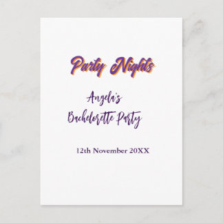 Cartão Postal Party nights bachelorette party name date purple