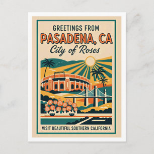 Cartão Postal Pasadena CA "Cidade das Rosas" Viagens Retrô
