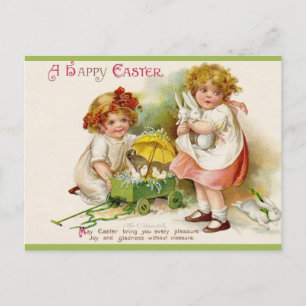 Cartão Postal Páscoa de Duas Meninas Antigas Com Coelhos e Pinti