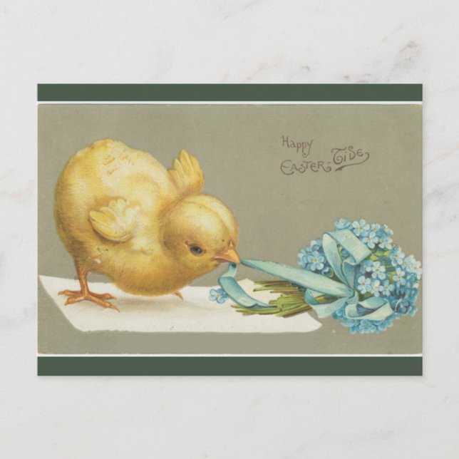 Cartão Postal Páscoa de Flores de Puxação do Pintinho de Vintage (Frente)