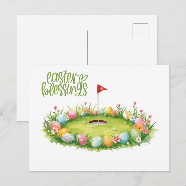 Cartão Postal Páscoa de golfe com ovo no green (Frente/Verso)