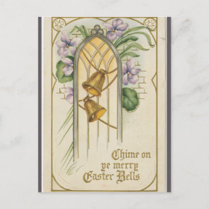 Cartão Postal Páscoa de Sininhos Antigos e Flores Roxas