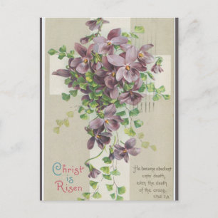 Cartão Postal Páscoa Flor Roxa Cruz de Cristo Ressuscitado Vinta