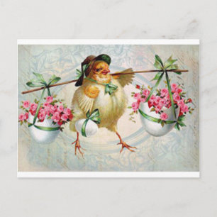 Cartão Postal Páscoa Pintinho que fornece flores