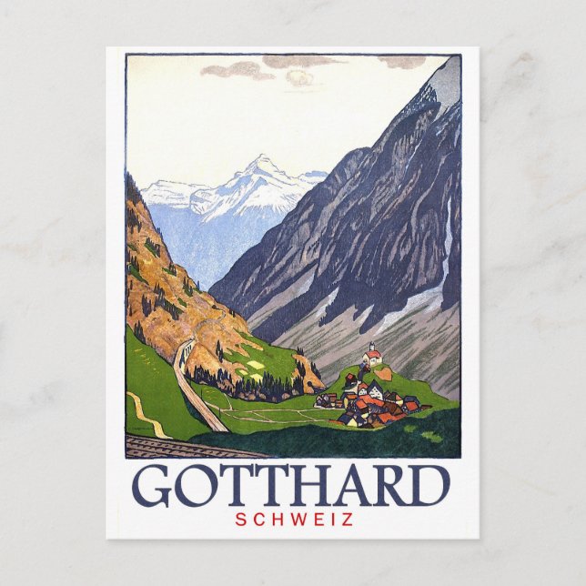 Cartão Postal Passagem de Gotthard, Suiça, vila, safra (Frente)