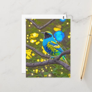 Cartão Postal Pássaro Amarelo Azul e Fantasia Colorida