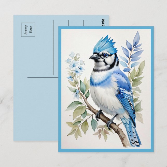 Cartão Postal Pássaro azul-aquarela na ramificação da árvore (Frente/Verso)